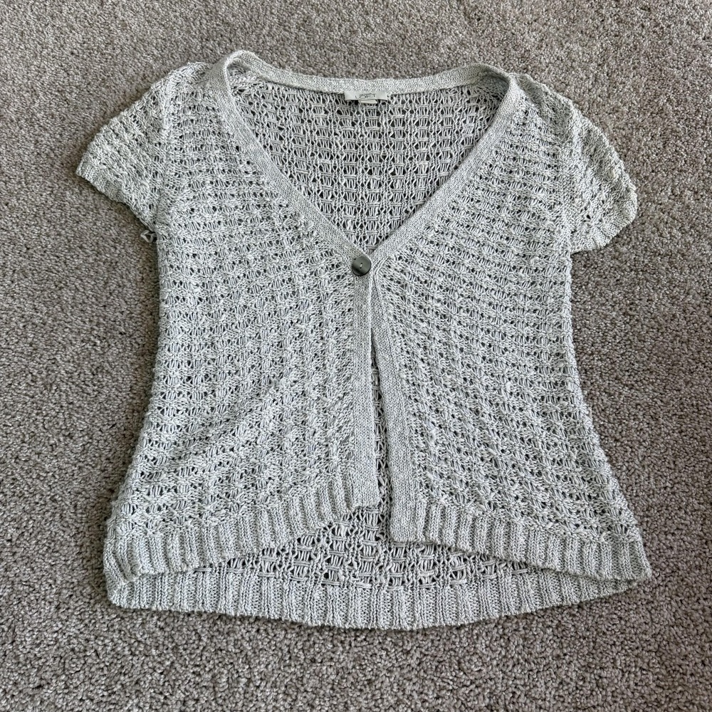 Ann Taylor LOFT Cardigan Sweater Womens M Gray V Neck Short Sleeve Open-Knit